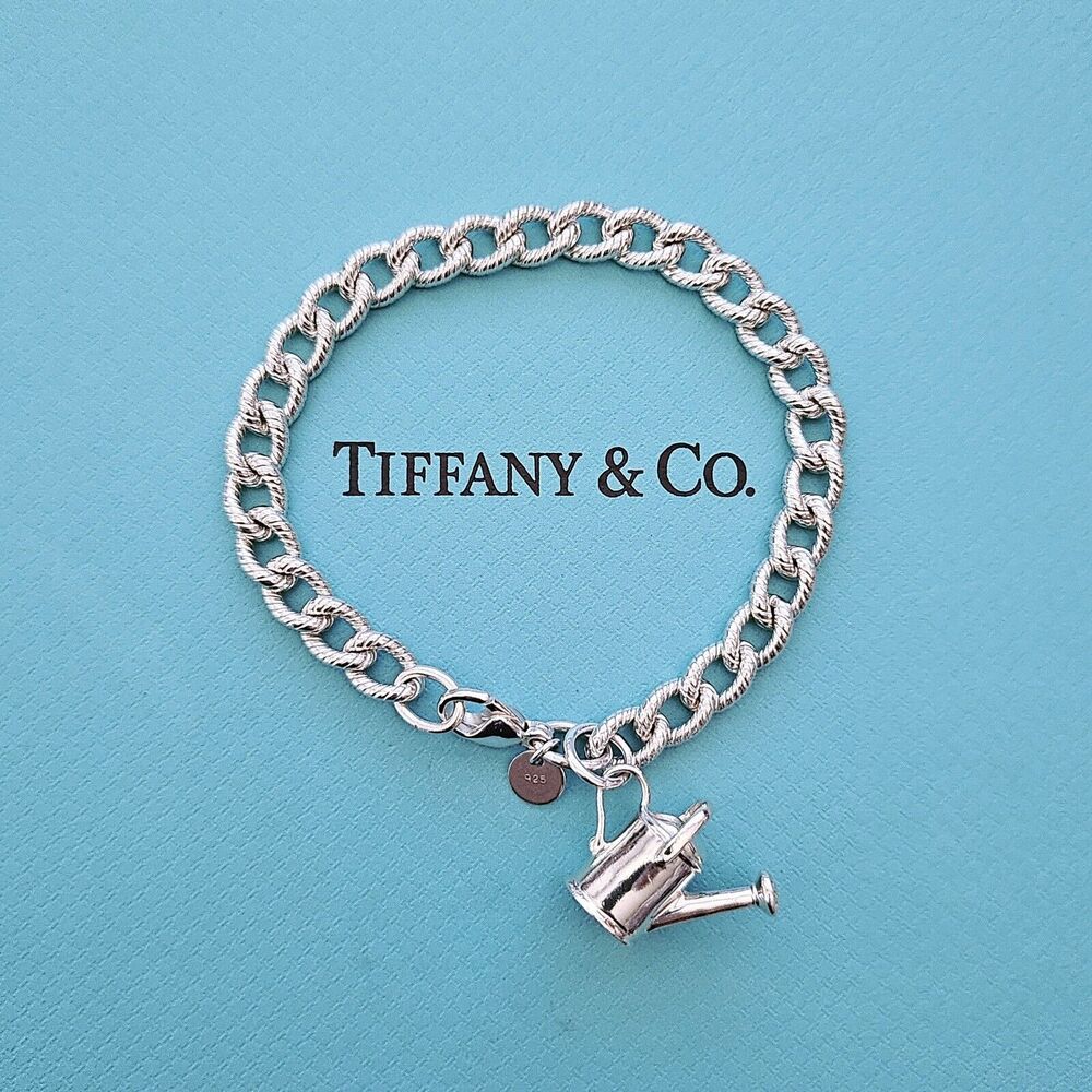 RARE Tiffany & Co Sterling Silver Watering Can Charm Twisted Rope Chain Bracelet